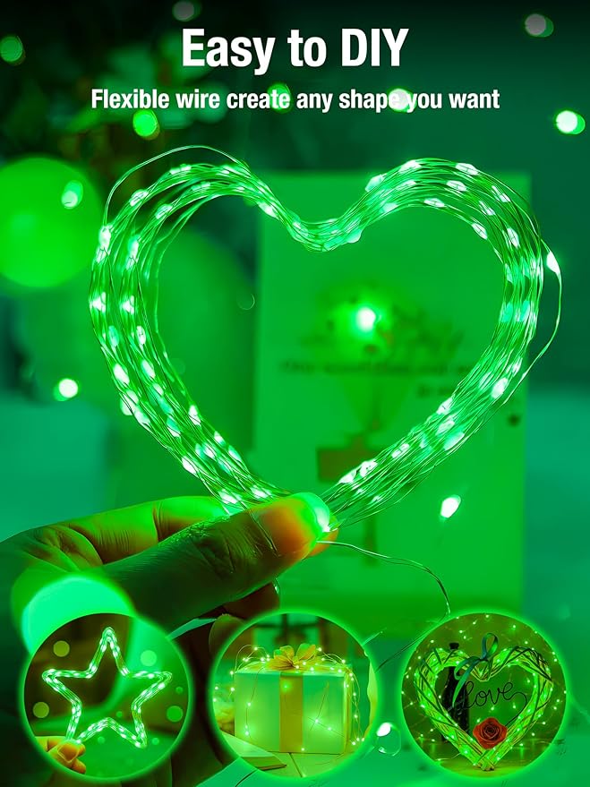 btfarm 4 Pack St Patrick’s Day Green Fairy Lights Battery Operated with Timer, 16FT 50 LED Silver Wire Twinkle String Lights 8 Modes Dimmable Waterproof for Christmas Bedroom Party Decorations, Green