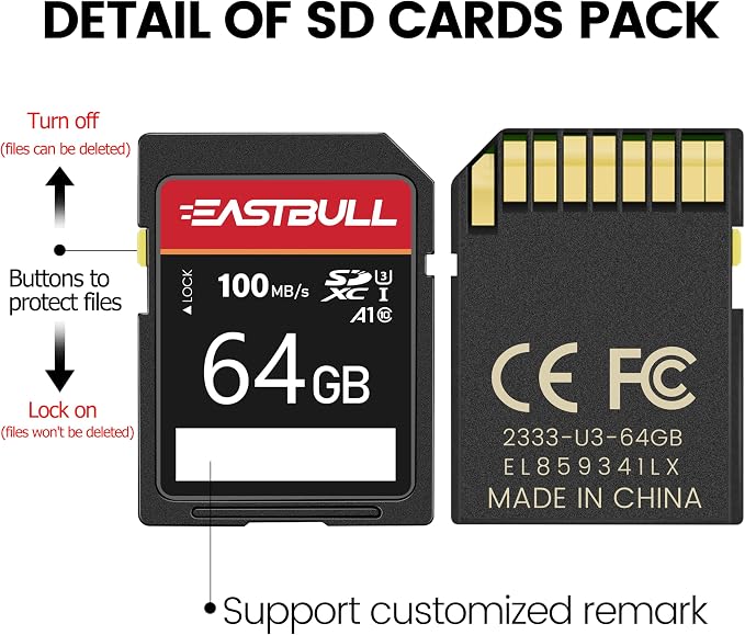 5-Pack of SD Card 64GB EASTBULL Class 10 SD Cards U1 V30 High-Speed 100MB/s