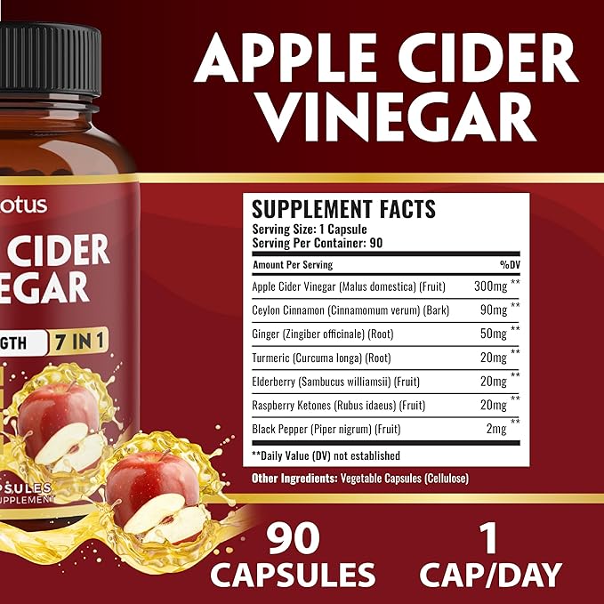 Zolotus 7 in 1 Apple Cider Vinegar Capsules, 3 Month Supply with Ceylon Cinnamon, Ginger Root, Turmeric, Elderberry for Supports Digestion, Immune, 90 Capsules