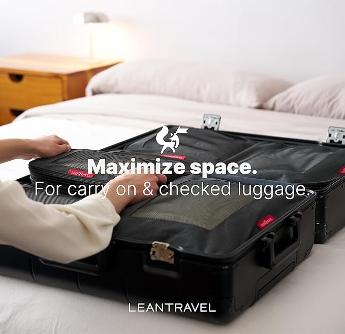 LeanTravel Compression Packing Cubes for Travel Organizers with Double Zipper (6-Pack (2L+2M+2S), Black)