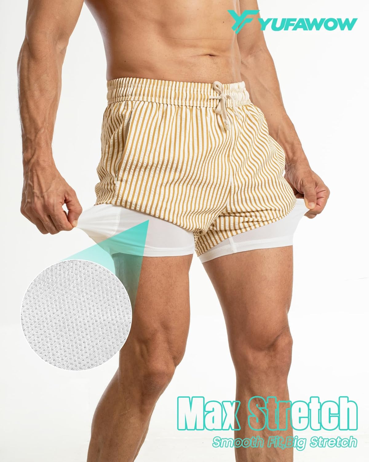 Skiennix 2-in-1 Seersucker Men’s Swim Trunks - Quick Dry with Compression Liner & Zipper Pockets - 7 Inches