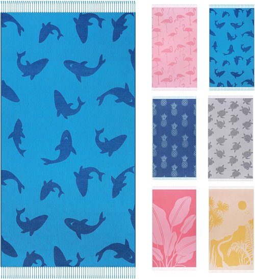 Genovega Oversized Cotton Beach Towel - Lightweight, Quick-Dry, Sandless | 72"x36" Blue Whale Design