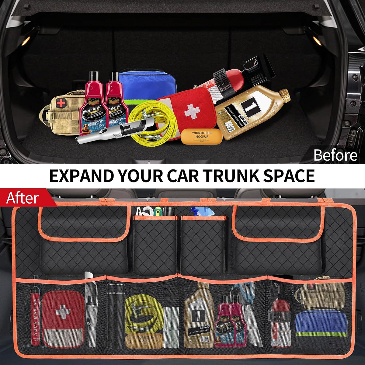 Car Trunk Organizer and Storage, Large Capacity Backseat Hanging Storage Accessories, Backseat Car Organizer for SUV/MPV/Truck (Orange)