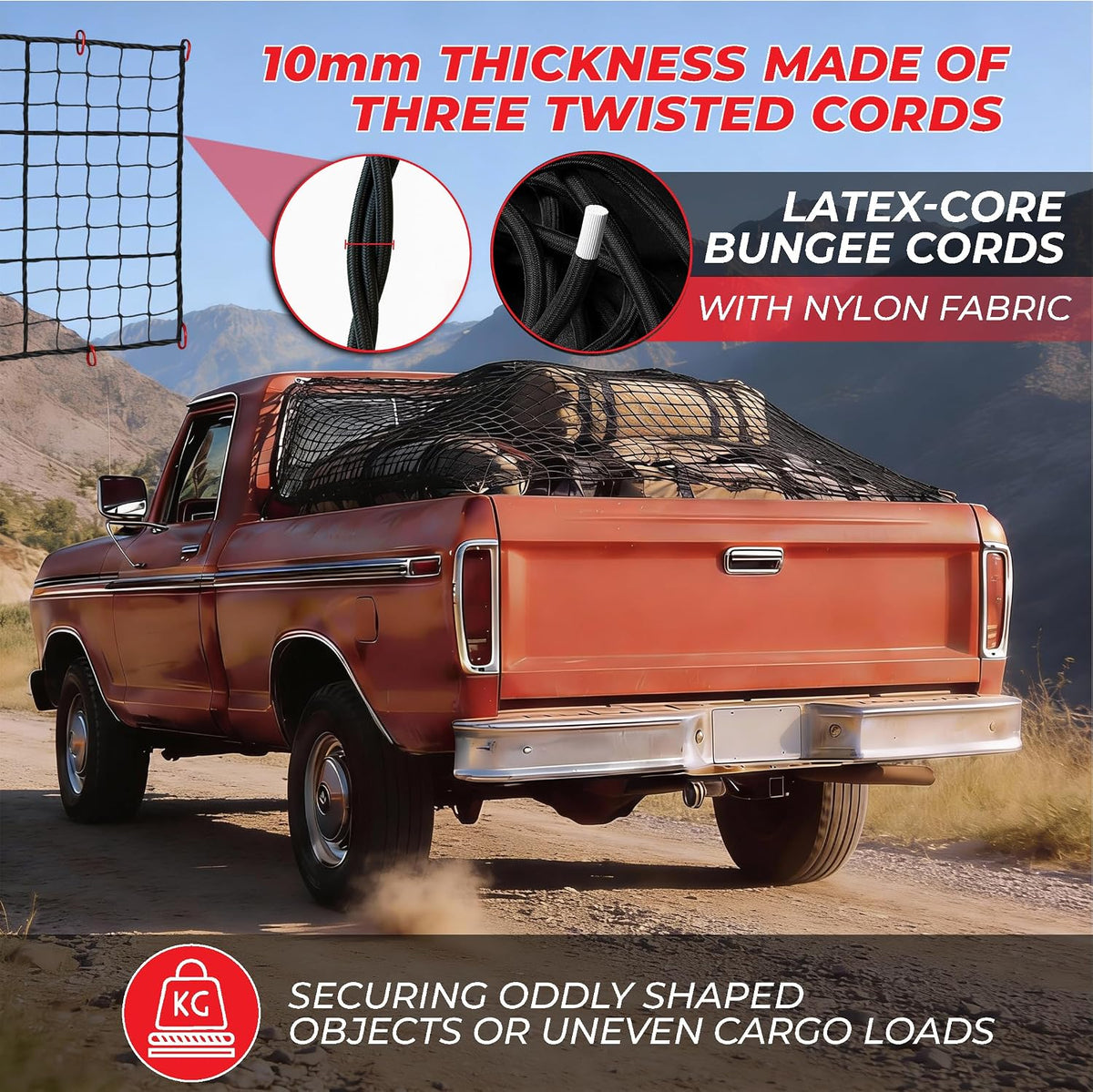 Truck Bed Cargo Net 4' x 6' Stretches to 8' x 12' Heavy Duty