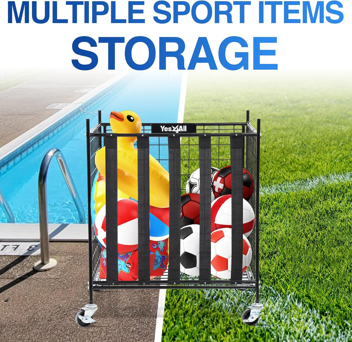 YES4ALL Rolling Ball Cart - Lockable Wheels Sports Equipment Organizer | Volleyball & Basketball Holder, Garage Storage Bin