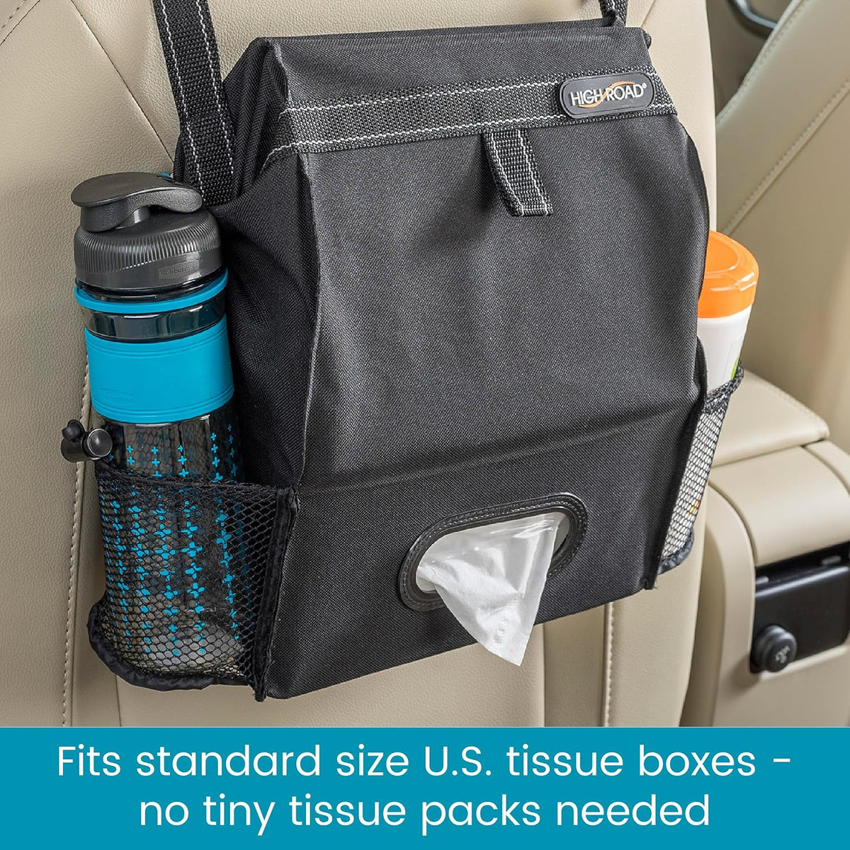 High Road Car Organizer with Car Trash Bag and Tissue Holder - Holds Full Size Tissue Box, Bottles and Wipe Containers - 2 Gal Leakproof Covered Car Trash Can with Push-Close Lid