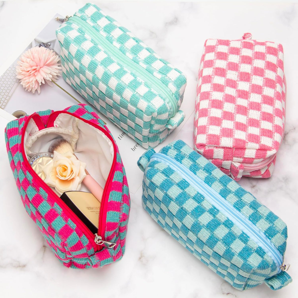 Checkered Makeup Bag for Purse, Small Cosmetic Pouch,Magenta Green,6 Pack