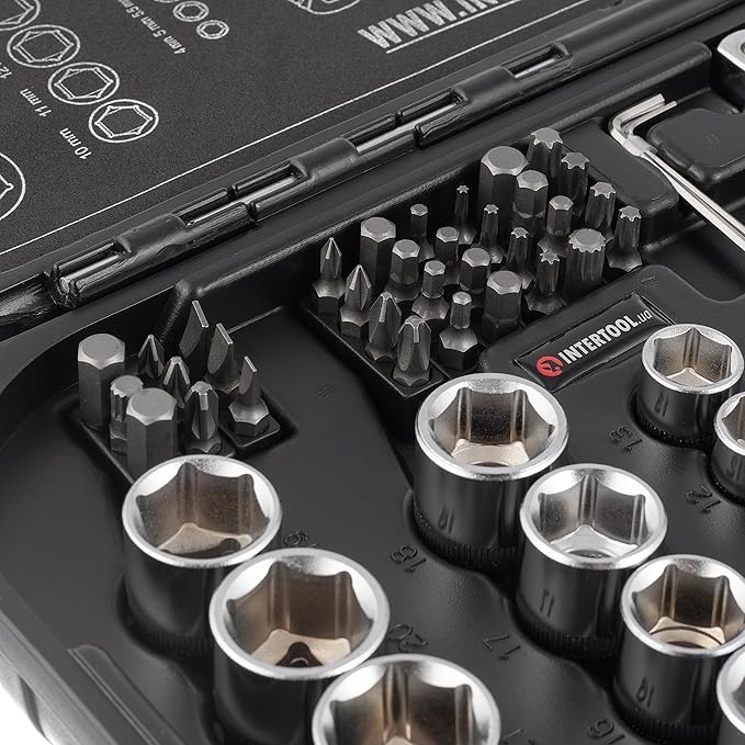 INTERTOOL Metric Socket Set 1/4” & 1/2” Drive 73-Piece 10-27 mm - for Auto Mechanics & DIY - Quick Release Ratchets, Bits, Adapters, Hard Case - Tool Gift - ET08-8073
