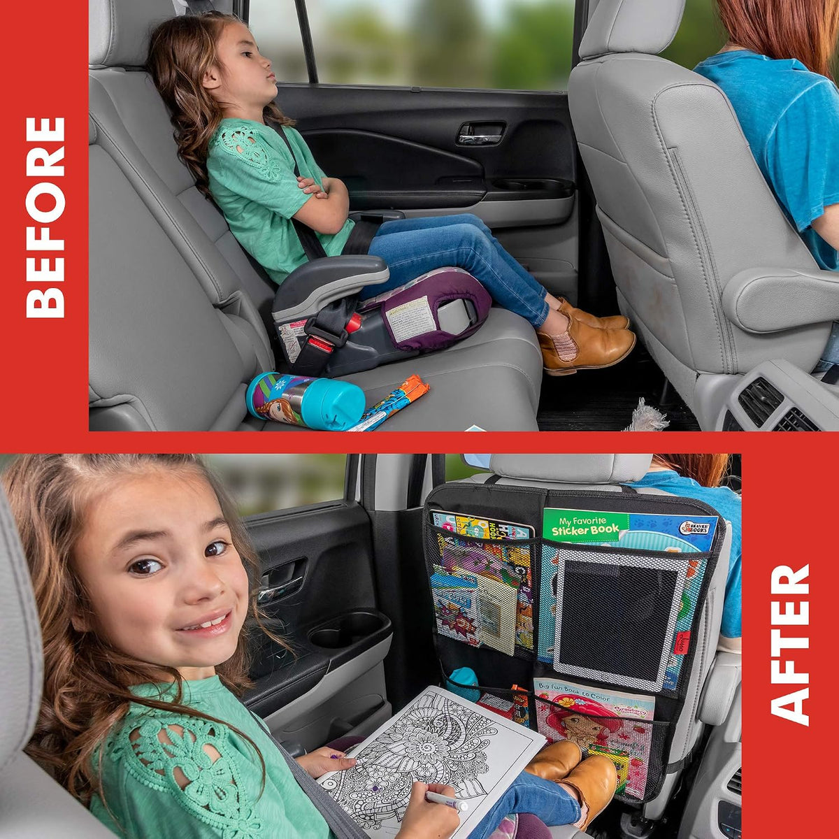 Lusso Gear Kick Mats (2 Pack) - Car Seat Back Protectors, Premium Waterproof Fabric, Reinforced Corners to Prevent Sag, and 4 Mesh Pockets for Large Storage (Tan)