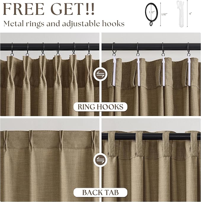 Pleated Light Brown Semi Sheer Sliding Door Curtains 105 Inches Long 4 Panels