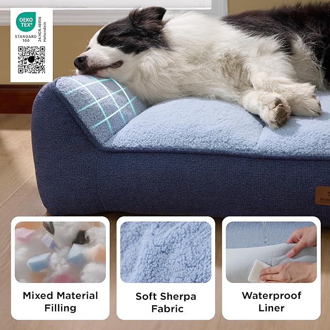 Bedsure SupportMax™ Orthopedic Dog Bed Medium Size Dog - Extra Thick Supportive Medium Dogs Beds with Waterproof Washable Cover, Comfort Pet Bed Sofa with Soft Sherpa and Nonskid Bottom, Blue, 35"