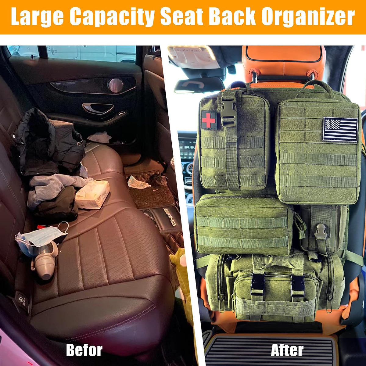 6 Pack Tactical MOLLE Car Seat Back Organizer - Universal Vehicle Storage Bag with 5 Detachable MOLLE Pouches, US Flag Patch & Keychain, Fits Jeep, Truck, SUV, Car, (Grenn)