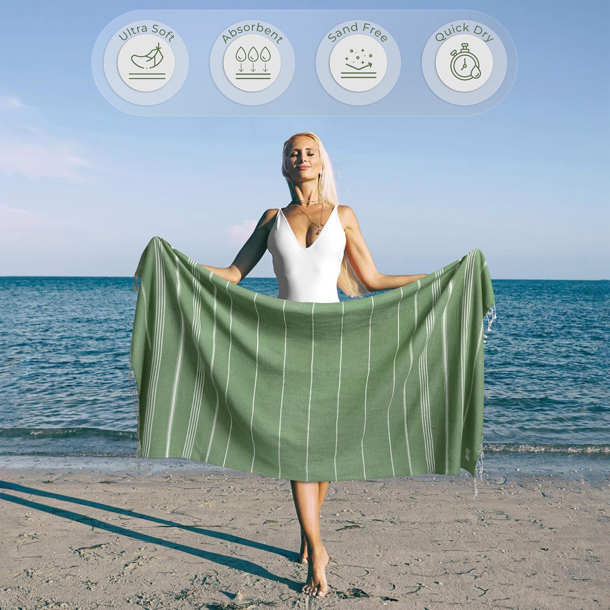 Ossano Turkish Beach Towel - Absorbent & Quick-Dry Oversized (39" x 71") | Versatile Yoga Mat, Picnic, Travel & Bath Towel - Green