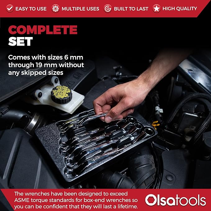 Olsa Tools Bolt Extractor Offset Wrench Set - 7pc Rounded Fastener Remover Kit - 6-Point Box-End Metric Design - Stripped Bolt & Nut Removal Tool - Professional Grade Mechanic Wrenches - Part: 1311