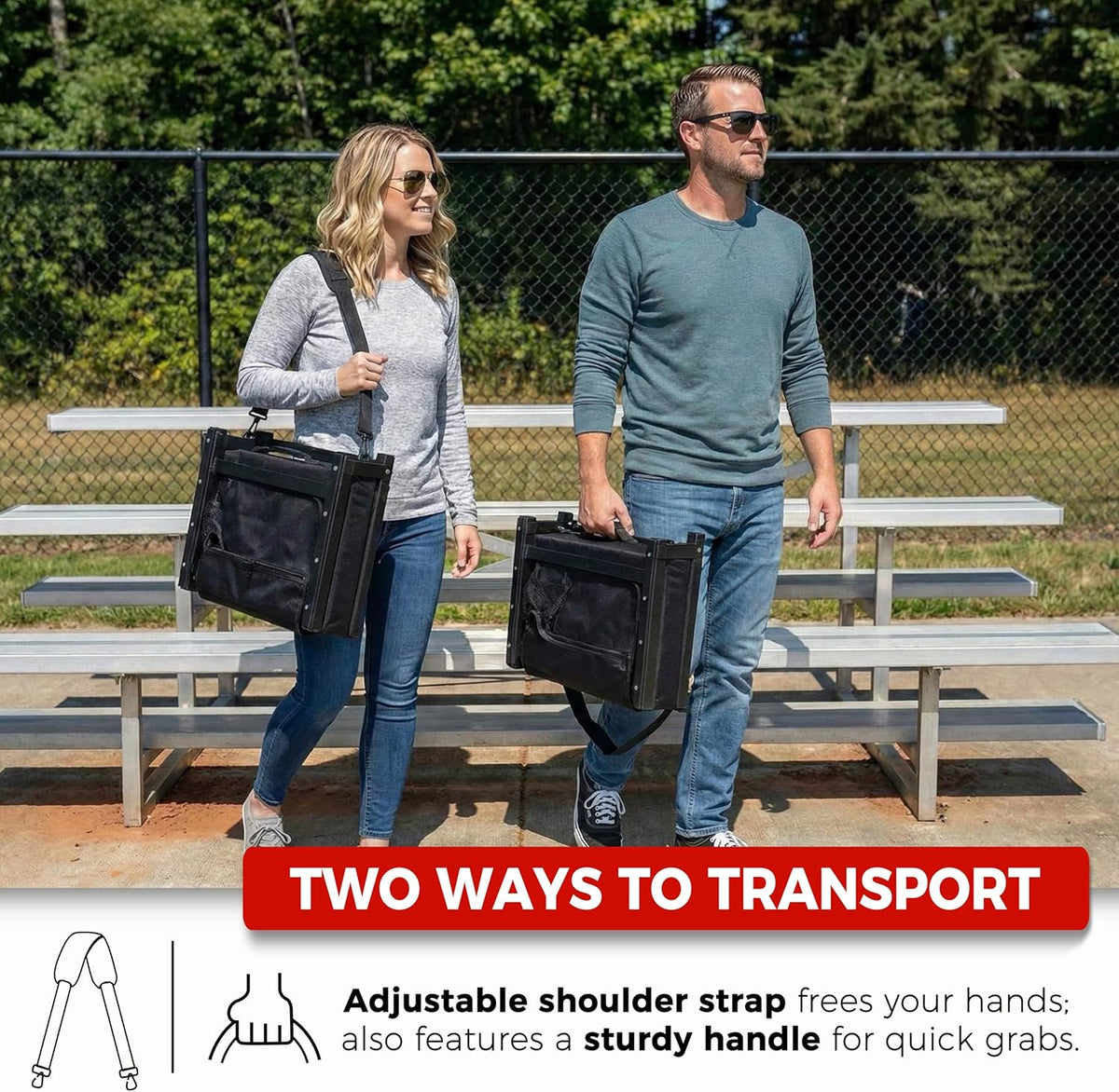 Sport Beats Stadium Seats - Comfortable Bleacher Chairs with Back Support & Cushion | 2-Pack, Black, 17" W x 12" D x 16.5" H