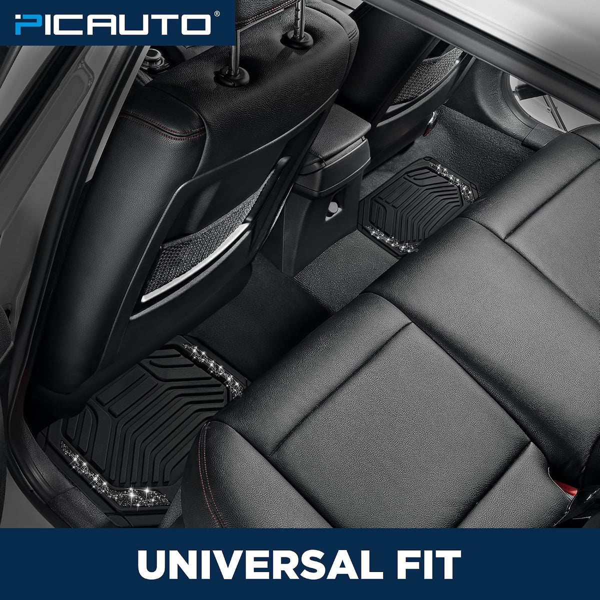 PIC AUTO Car Floor Mats, Black Sparkly Crystal Bling Glitter Car Mats Set, Front and Rear Heavy Duty Rubber Car Mats with Anti-Slip Backing, All Weather, Trim-to-Fit for Automotive SUVs, Sedan, Vans