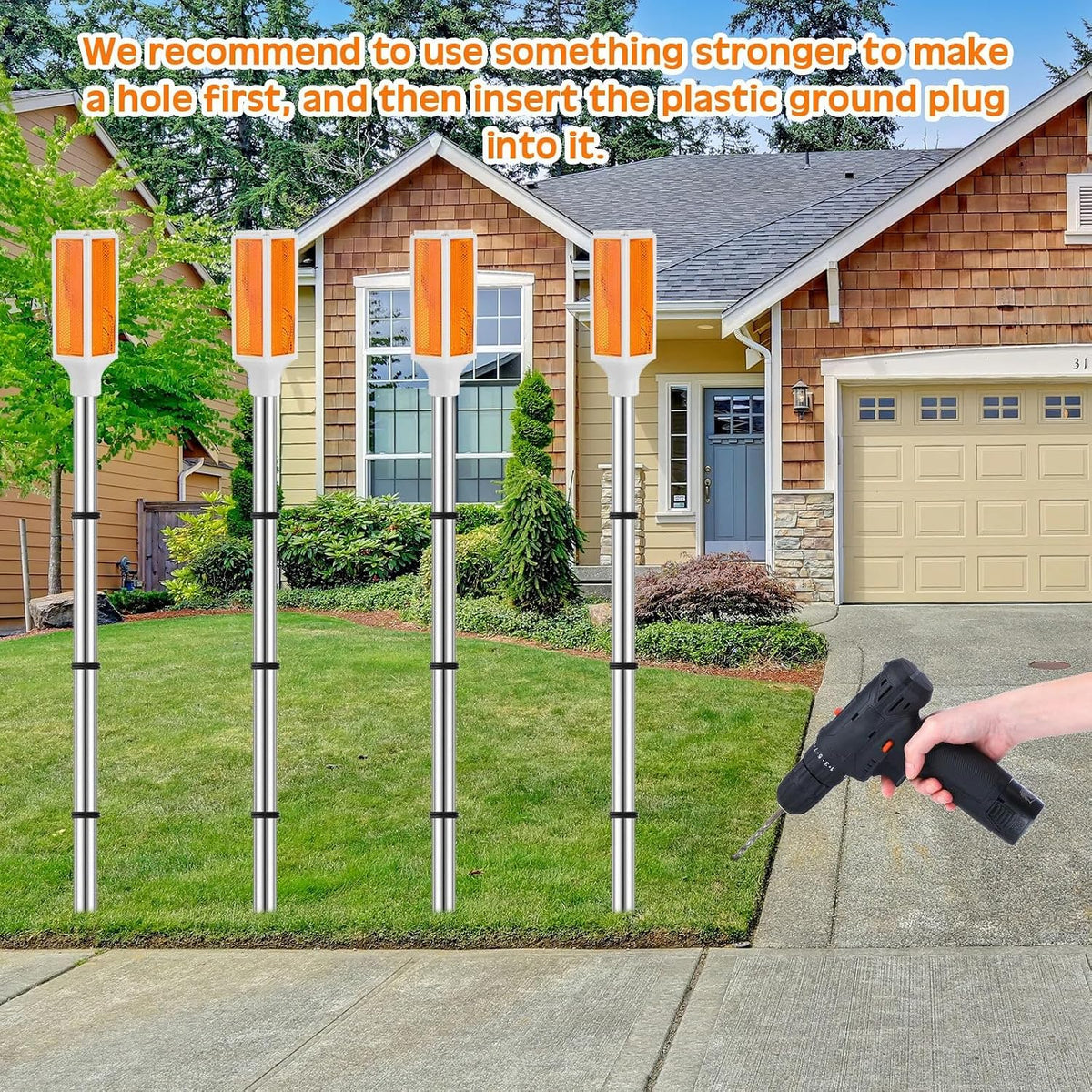 Baquler 10 Pcs Solar Powered Driveway Markers Reflective Driveway Lights Landscape Reflectors with Drill Bit Gloves for Snow Road Outdoor Yard Parking Sidewalk(Orange)