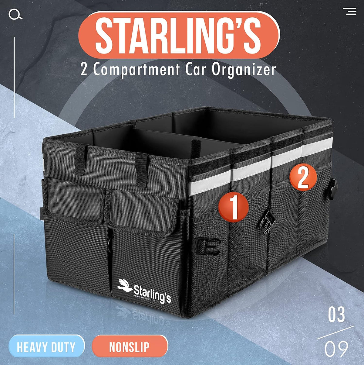 Starling's Car Trunk Organizer Super Strong, Foldable Storage Cargo Box for SUV, Auto, Truck Nonslip Waterproof Bottom, Fits any Vehicle, Come w Adjustable TieDown Straps W LID (Black, 2