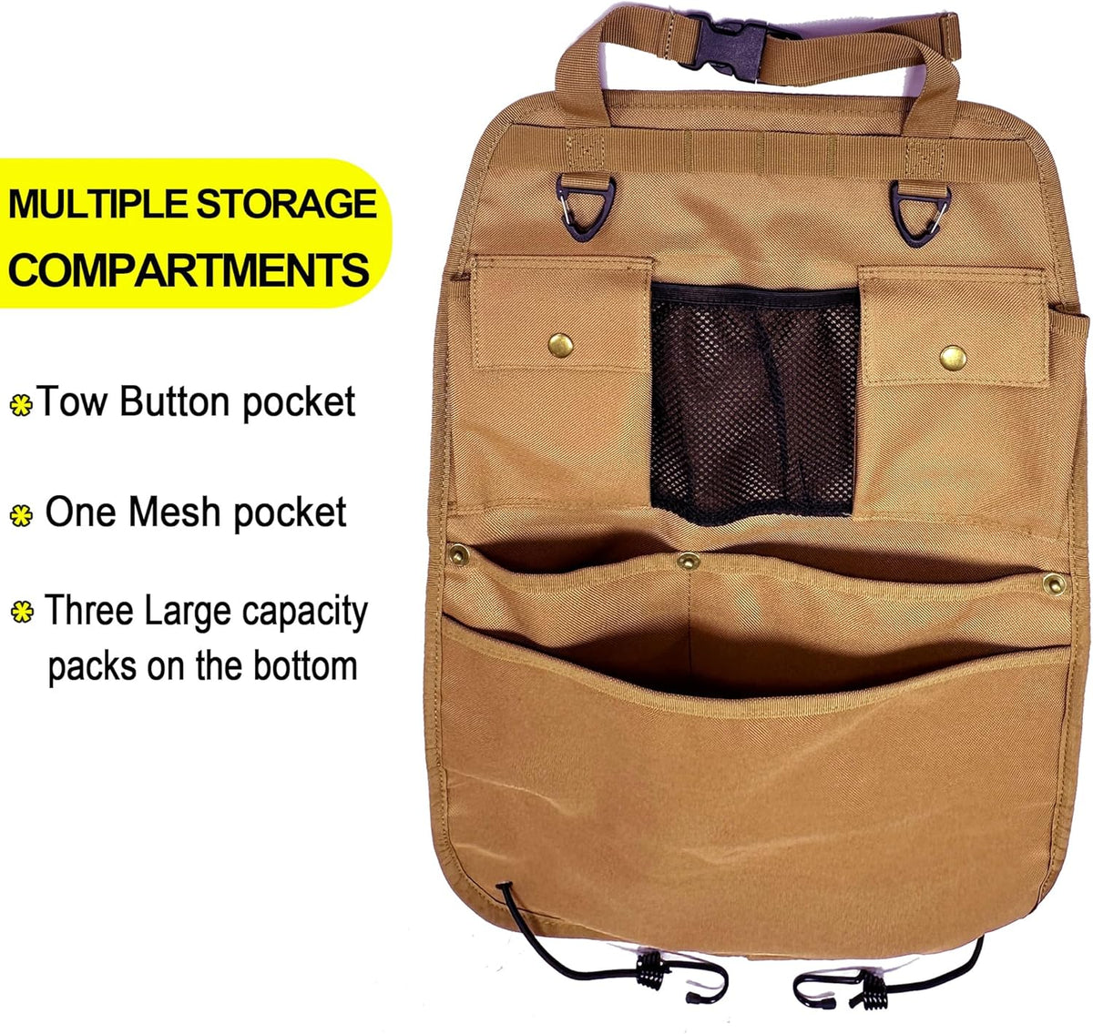 Car Seat Back Organizer with Multiple Pockets and Hooks (brown)