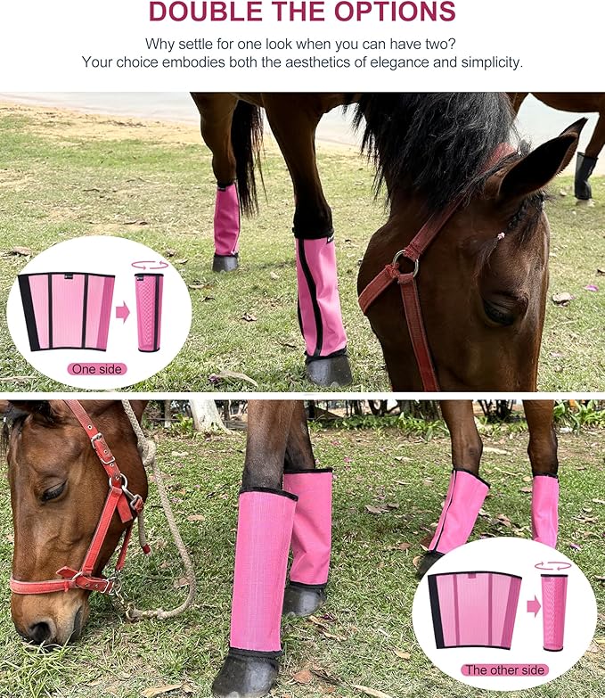 Horse Fly Boots Set of 4 - Upgrade Mesh Horse Leggins with Leather Frame, Leg Fly Protection (Medium, Pink)