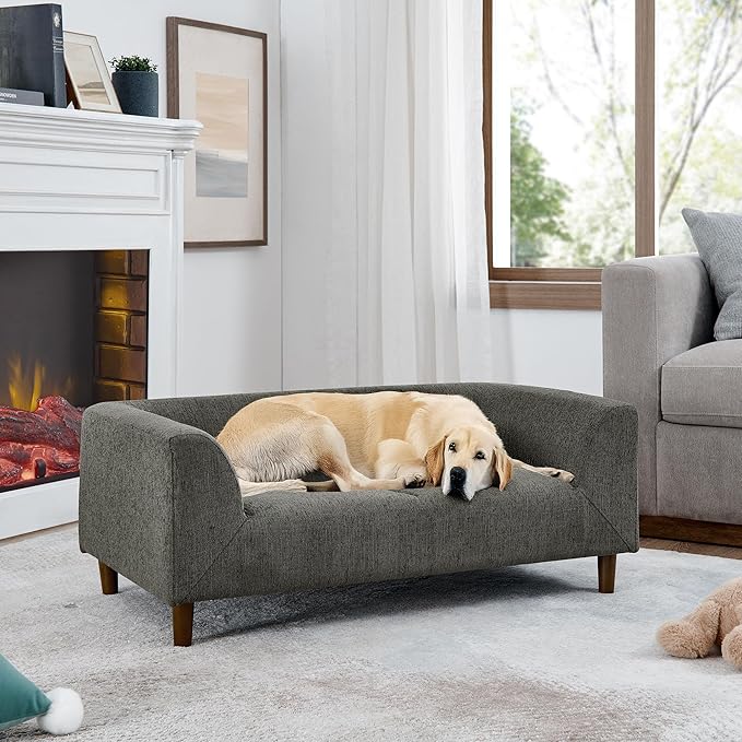 Elevated Dog Couch Bed for Medium Large Dogs, Modern Pet Sofa with Backrest & Armrest, Durable Dog Bed Sofa with Soft Cushion, Solid Wood Legs (Dark Grey)