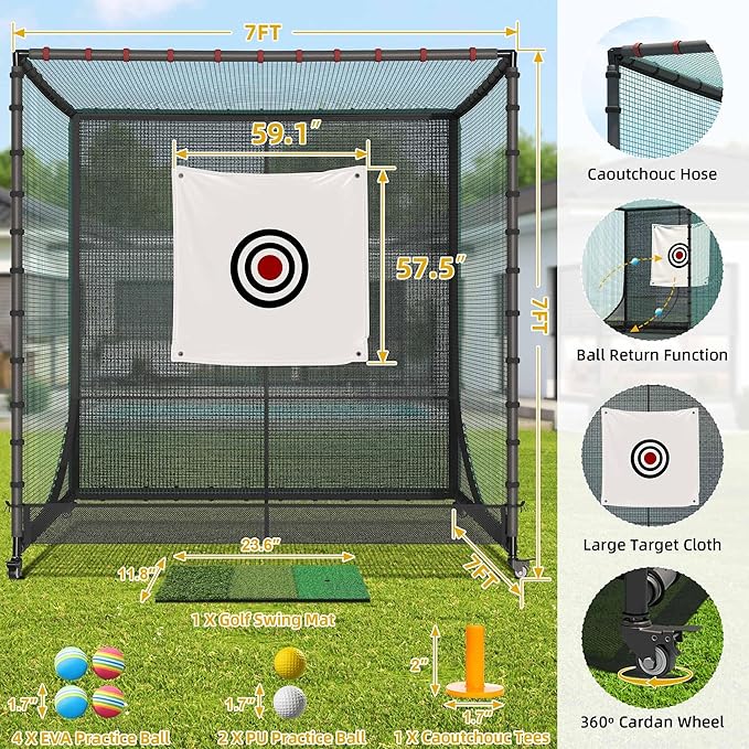 Golf Cage with Steel Freame, 7x7x7ft Golf Net with Rubber Hose, Noise Reduction for Backyard Indoor Outdoor Lawn Practice(Includes 1 Hitting Mat 6 PU Balls 1 Tee)