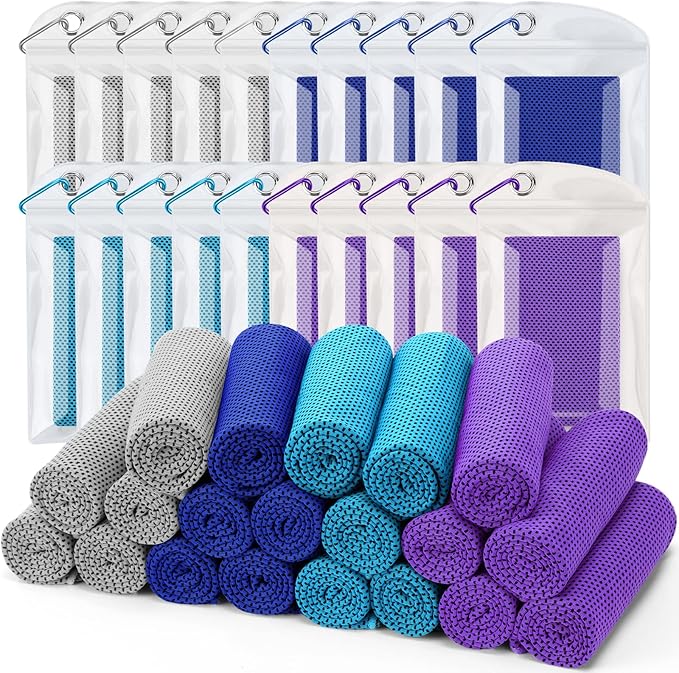 Biange Cooling Towel (Pack of 20, 40"x12") with Pouches for Sports, Workout, Fitness, Gym, Yoga, Golf, Pilates, Travel, Camping & More