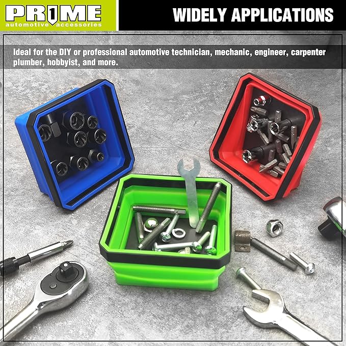 PR1ME Upgrade Collapsible Magnetic Parts Tray Set, 3 Pack, Foldable Magnetic Tool, 4.25 inch Square Silicone Bowls with Magnetic Base Stores and Organizes Small Parts and Tools