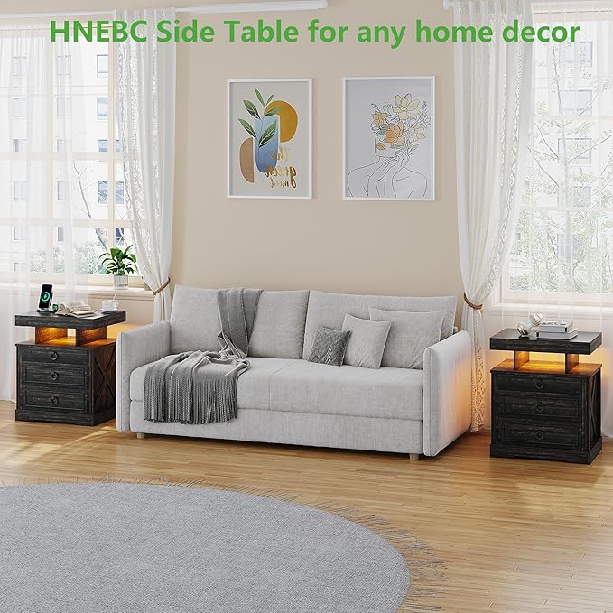 HNEBC Nightstand with Gun Drawers, LED Farmhouse Night Stand with Charging Station, Smart End Table with 3 Color Auto Light, Bedside tabel with Hidden Compartment for Bedroom Furniture-Brown