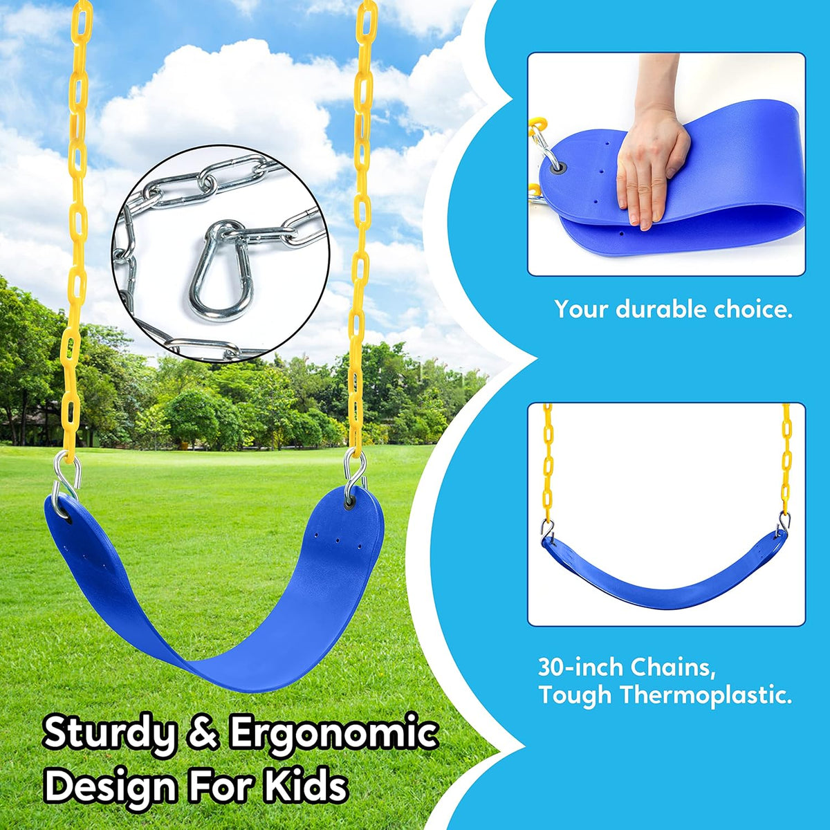 TURFEE Swing Seat Replacement Kit - 2 Pack with 66" Heavy Duty Chains & 4 Snap Hooks | Blue