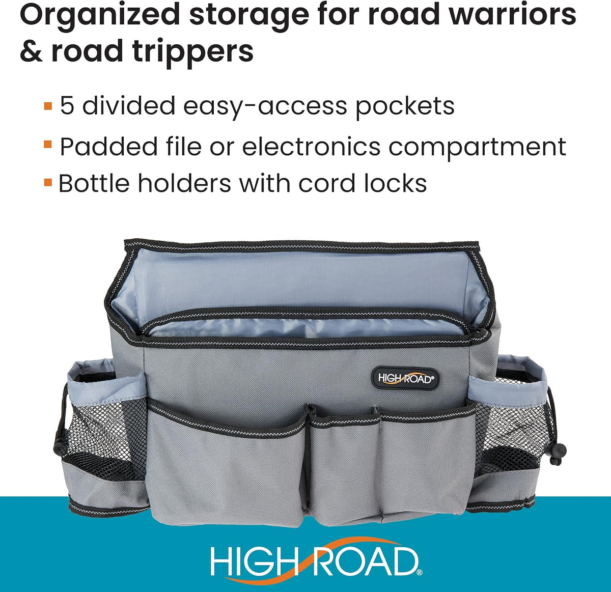 High Road SwingAway Front Seat Car Organizer for Daily Driving Essentials with Side Bottle and Cup Holders