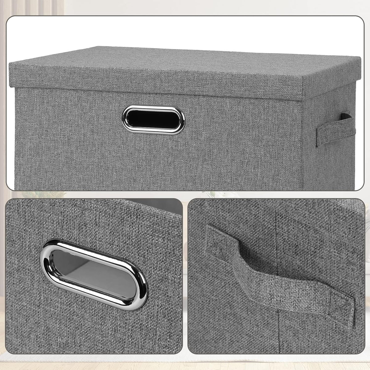 Graciadeco Large 17" 36 Quart Collapsible Stackable Storage Bins with Lids, 3 Packs Grey Linen Fabric Closet Boxes with Lids, Storage Cube Baskets Container Organizers for Bedroom Office(17 x12 x11)