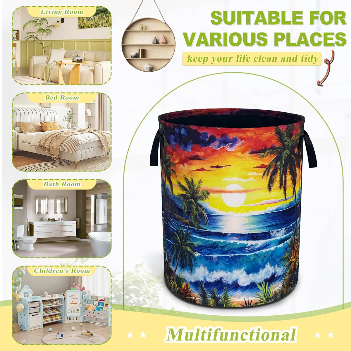 Hawaii Sunset Ocean Waves Laundry Basket Foldable Waterproof 18.9x16.5 Inch