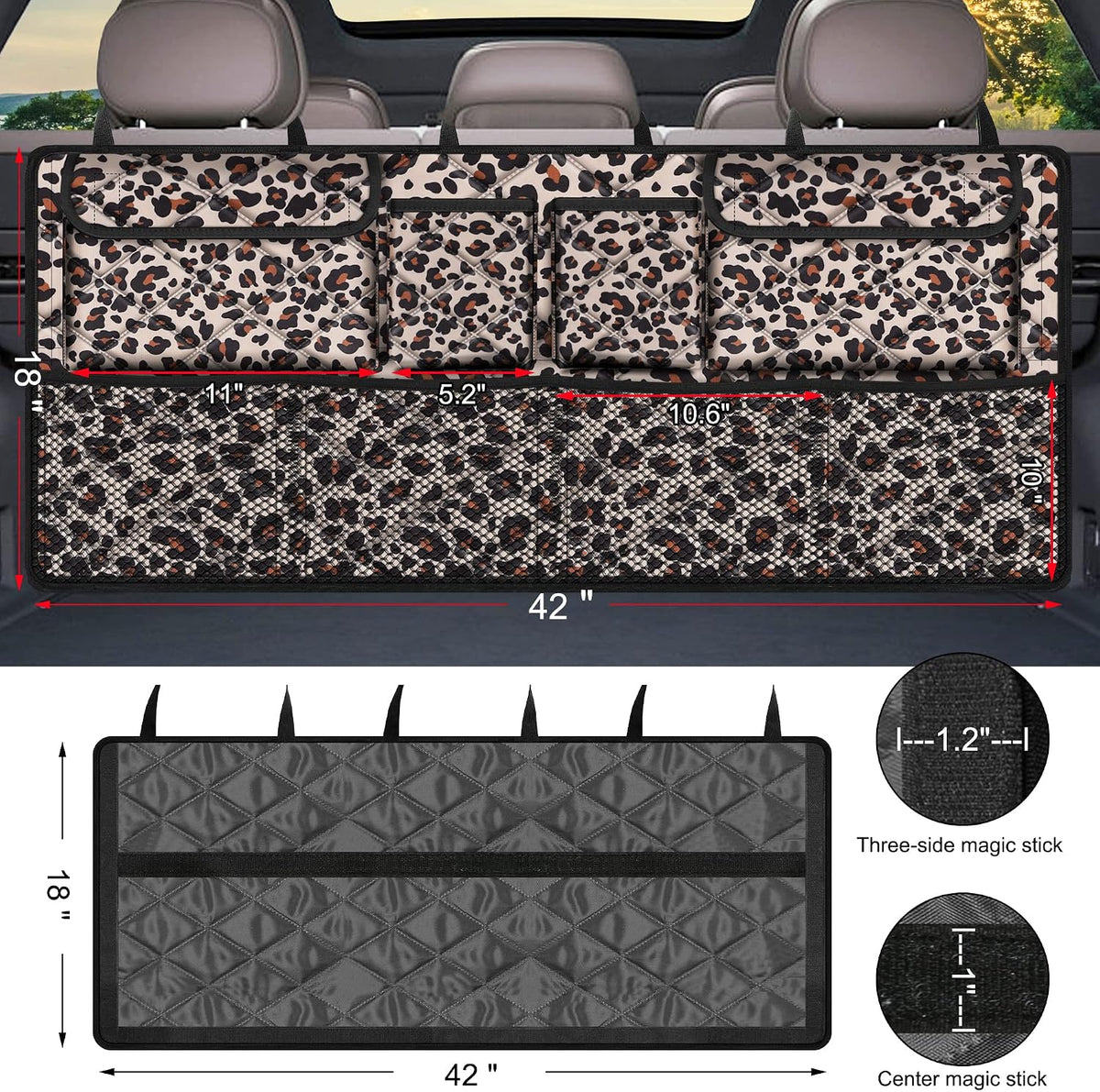 Femuar Car Trunk Organizer,Large Capacity Backseat Trunk Organizer(42"*18"),Collapsible Car Storage Bag with 8 Pocekt,Car Organizer for SUV/MPV/Truck - Leopard print