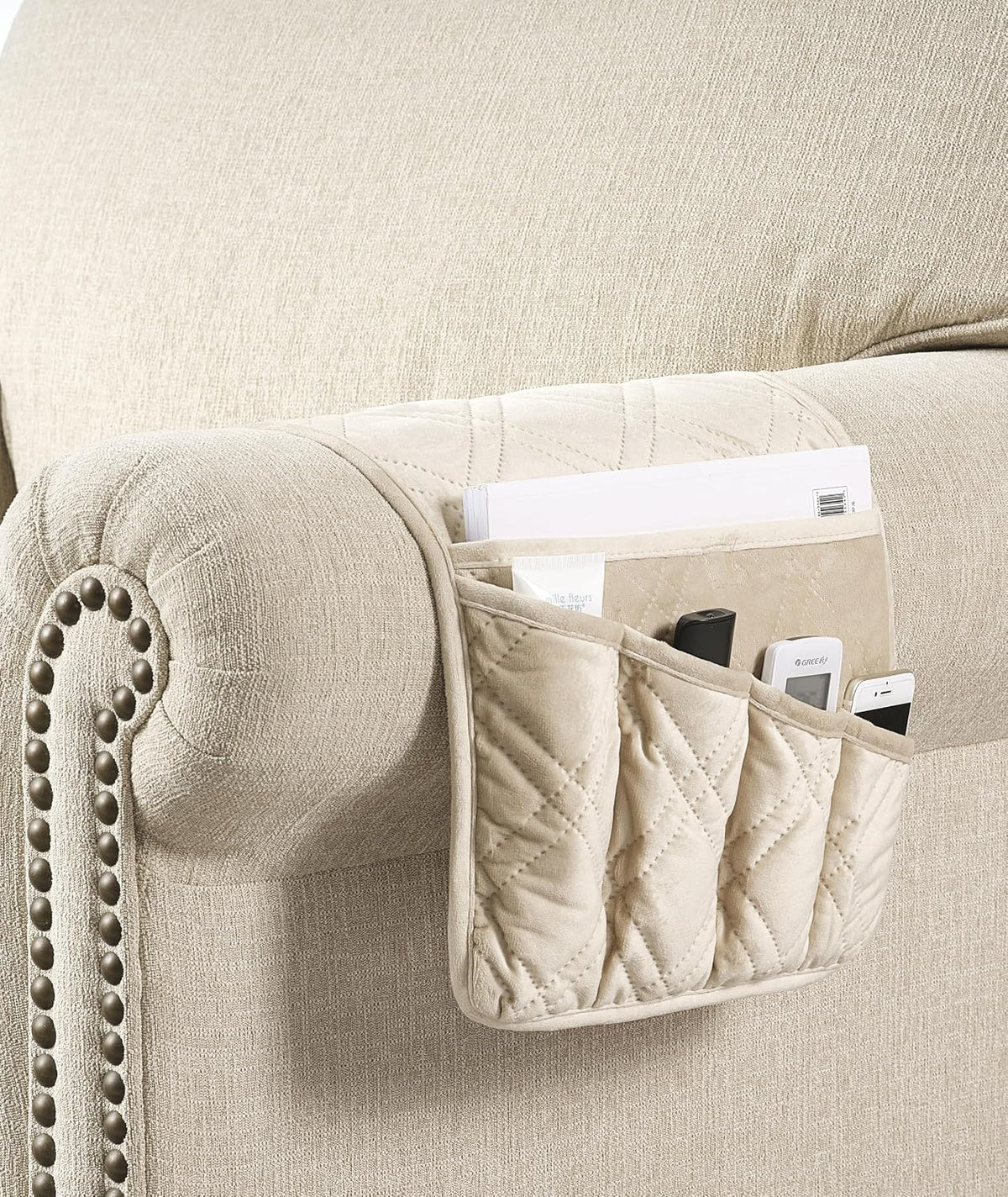 Brilliant Sunshine Beige Velvet Couch Armrest Cover, 35"×13"