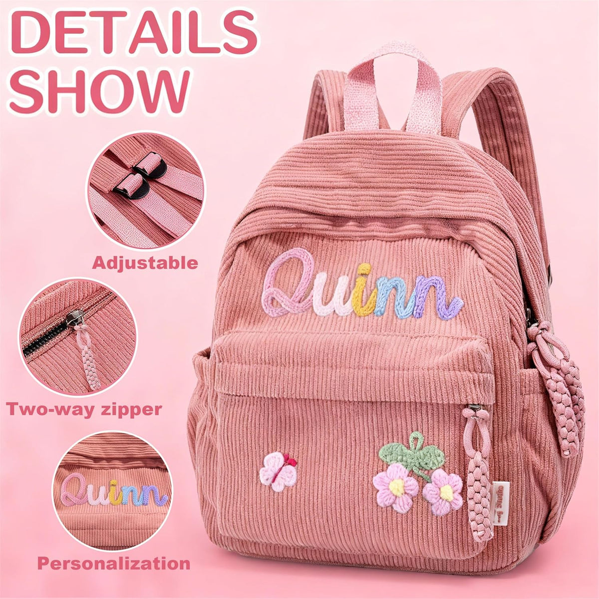 WANSHUNLMI Personalized Corduroy Kids Backpack - Custom Name School Bag in Pink | Toddler Size S & M