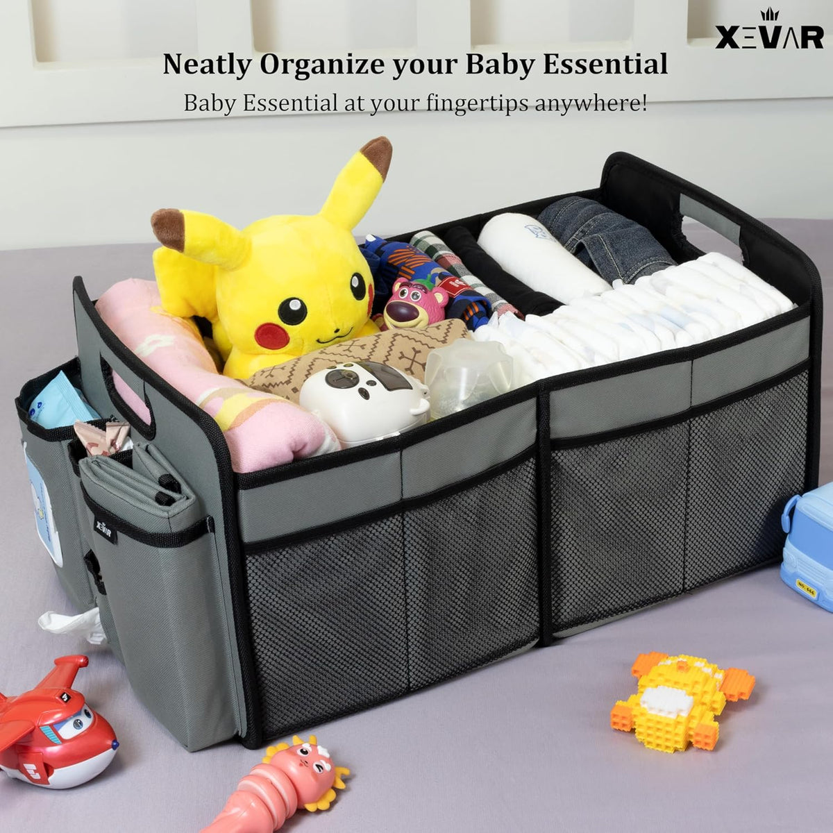 Baby Diaper Caddy Organizer with Changing Mat - Portable Car Caddy for Newborn Essentials, Diapers &amp; Wipes, Perfect for Baby Shower and New Mom | Oxford Fabric, Grey