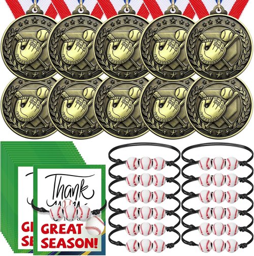 Huquary 12 Pcs Kids Award Medals - Sports Bracelets & Red White Blue Striped Ribbons for Team Competitions