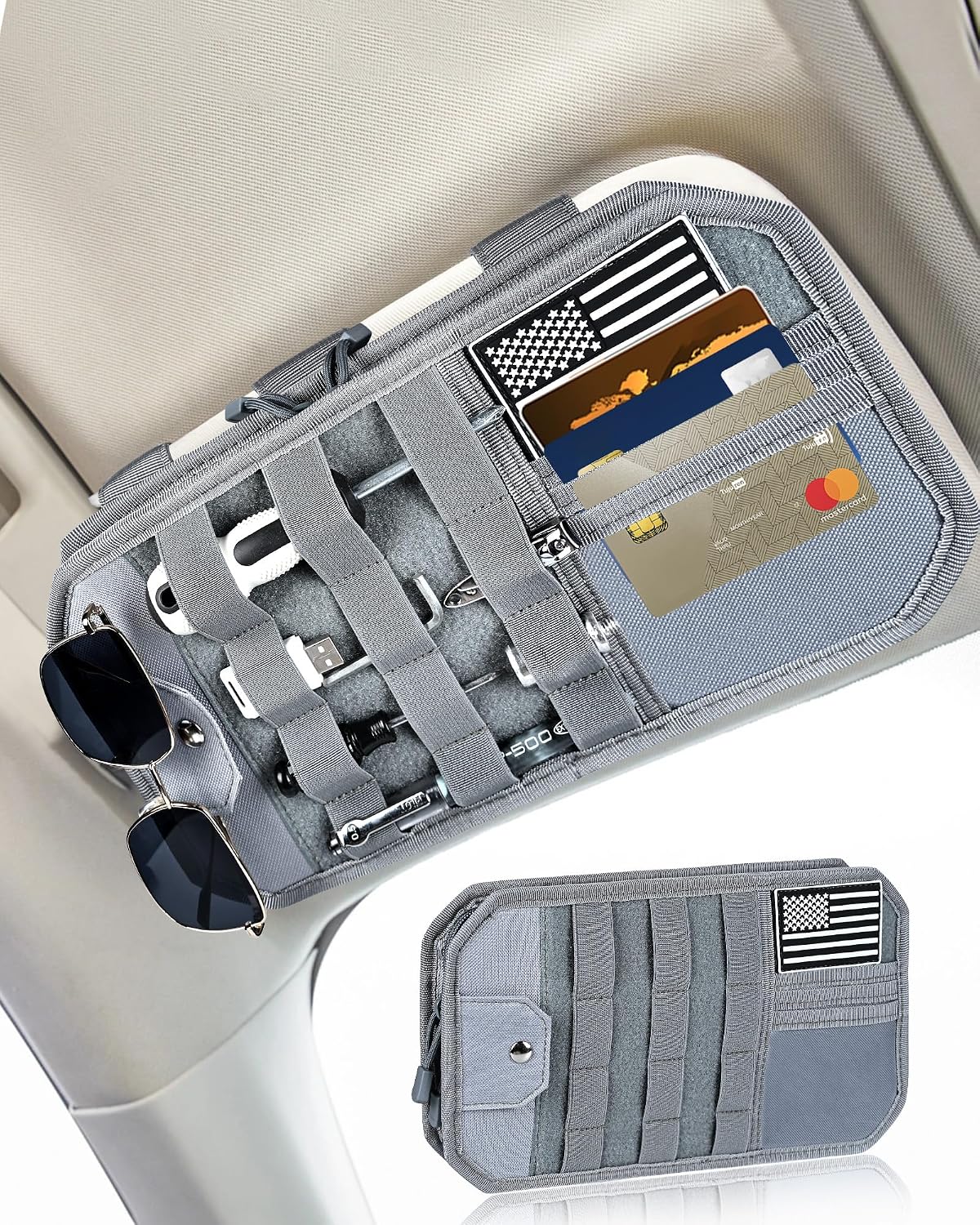 Heavy Duty Molle Car Sun Visor Organizer Tactical Pounch with Flag and Glasses Clip Store Your Daily Items for Most Cars, Trucks, SUVs, Compacts, 12.8"x6.9"x1.2"