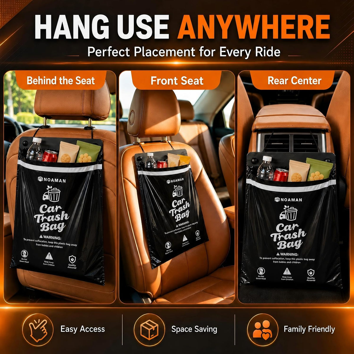 Noaman 50PCS 1 Pack Car Trash Bags, 2.5 Gal Disposable Garbage Bags for Car, SUV, Truck and RV, Leak-Resistant Odor-Control Bags, Stick-On or Headrest Mount, Alternative to Car Trash Can, Black