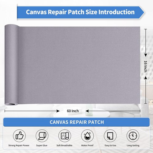 KING MOUNTAIN Canvas Repair Patch - 16x60 Inch Self-Adhesive Waterproof Fabric for Sofas, Tents & More | Light Grey