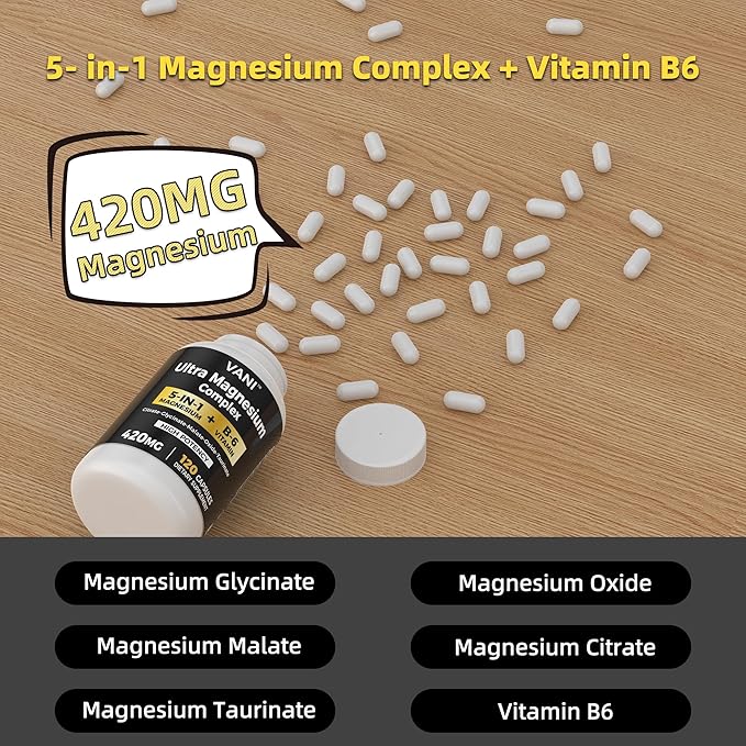 Magnesium Glycinate, （420mg） 5 in 1 Magnesium Complex & B6 Supplement for Nerve, Heart, Muscle Health & Relaxation*, Maximum Bioavailability & Absorption, Gluten Free, 120 Vegan Capsules