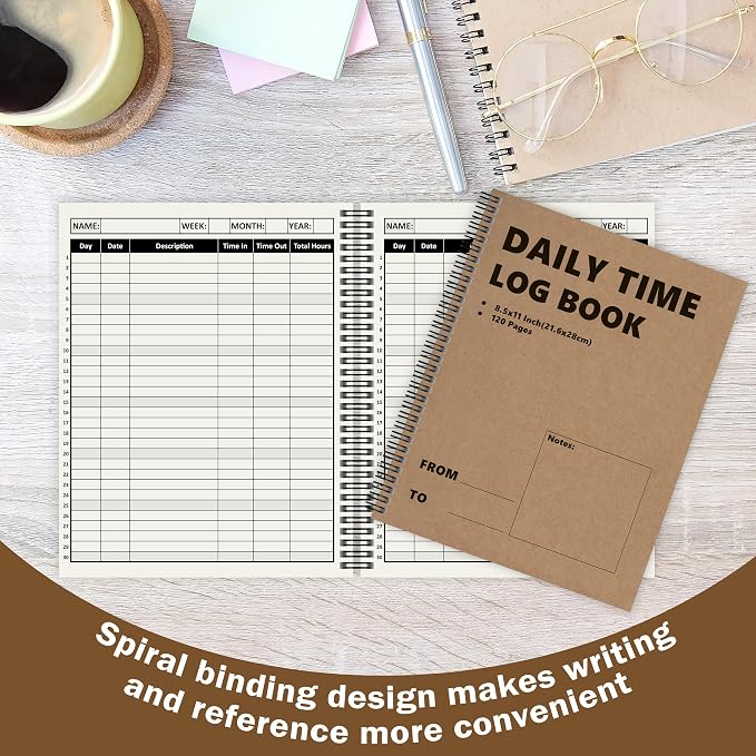 3 Pcs Daily Time Sheet Log Book Spiral 120 Pages 8.5x11 Inch Binder Work Hours