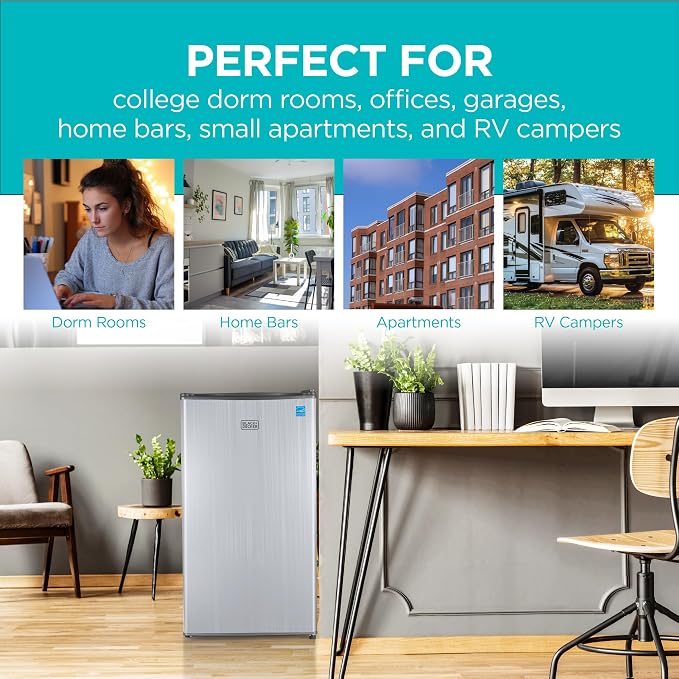 BLACK+DECKER 3.2 Cu. Ft. Compact Refrigerator, BCRK32V, Stainless Look | Energy Star Certified Small Refrigerator, Single Door Mini Fridge with Chiller Compartment, Personal Fridge for Home or Dorm