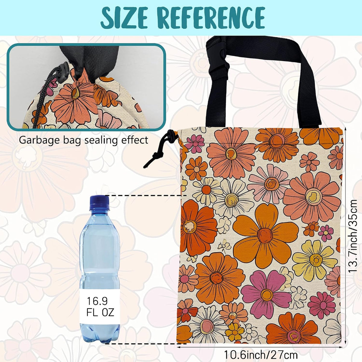 Car Trash Bag Hippie Vintage Flowers Leak-Proof Car Garbage Bag with Drawstring Foldable Canvas Trash Bin with Adjustable Buckle for Car Accessories, Travelling, Camping
