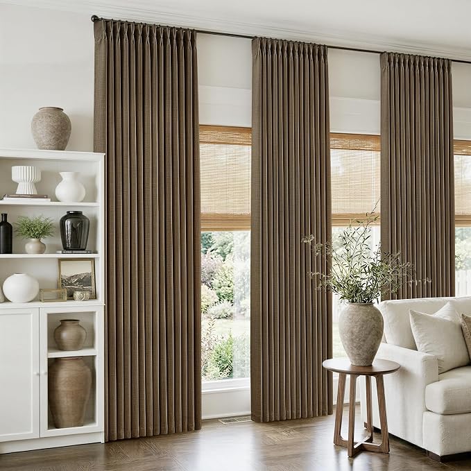 Chocolate Brown Pinch Pleated Linen Curtains 84 Inches Long
