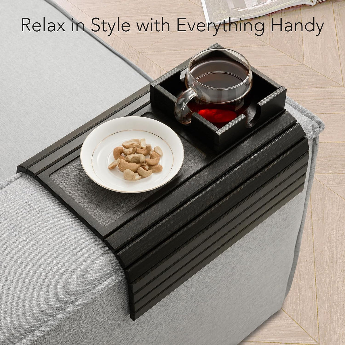 Detor Couch Cup Holder Tray with Super Anti-Slip Pad, Large 4.5" x 4.5" Organizer, Black-Stained Bamboo Finish, Enhanced Non-Slip Felt Base, Durable Bamboo Slats, Fits Armrests 5.5" and Wider