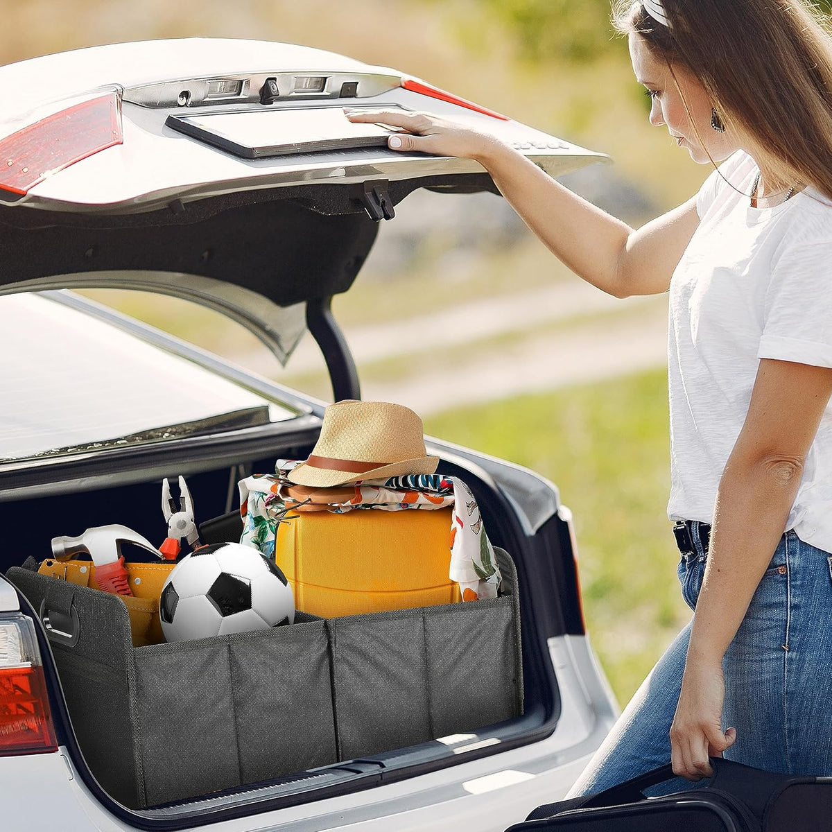 YSSOA Trunk Organizer for Car/SUV/Truck, Collapsible 2 Compartment Automotive Storage Box, 600D Waterproof Oxford Polyester 50L Travel Accessories, Anti-slip & Leak-proof, Black, 2 Pack