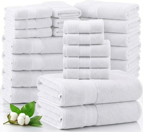 LANE LINEN 100% Cotton Bathroom Towel Set - Soft, Durable & Absorbent | 24-Piece Hotel Quality - White