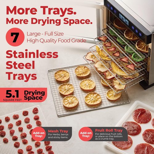 Magic Mill Pro Food Dehydrator - 600W Even-Drying System with 7 Stainless Steel Trays | 95°-176° Temp Control & 48H Timer